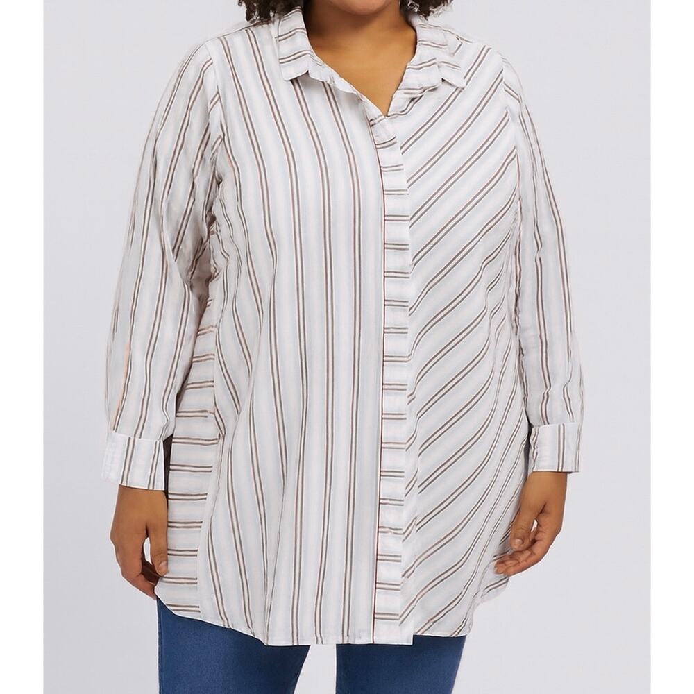 Tulip size large blue stripe long sleeve Tunic blouse Pockets Button Lagonlook